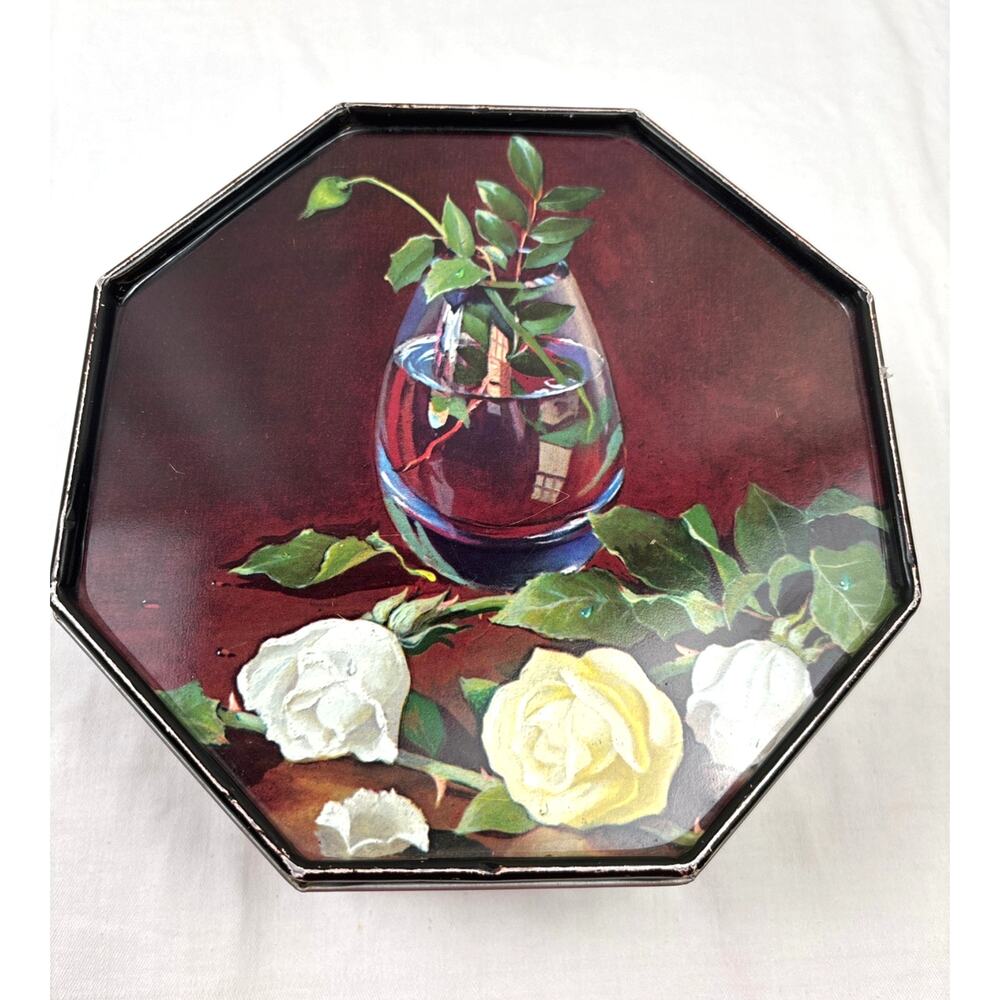 Vintage Black Lidded Tin Pioneer Can Co. White Yellow Roses Floral Design